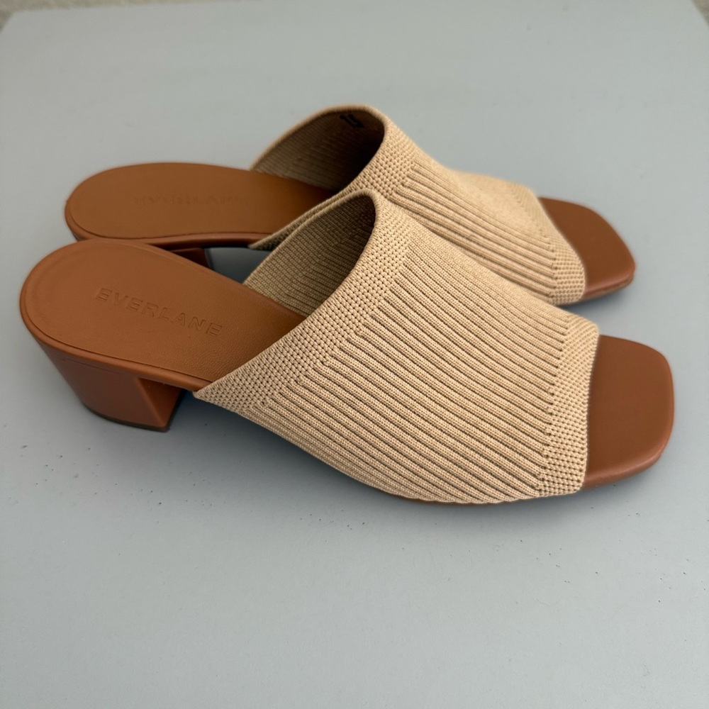 Everlane Beige Knit Slide Sandals with Brown Heel